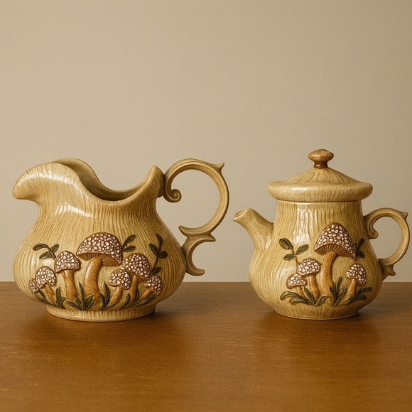 Arnel’s Beige Ceramic Mushroom Teapot Pitcher Set 70s Cottagecore 2pc - Picture 1 of 16